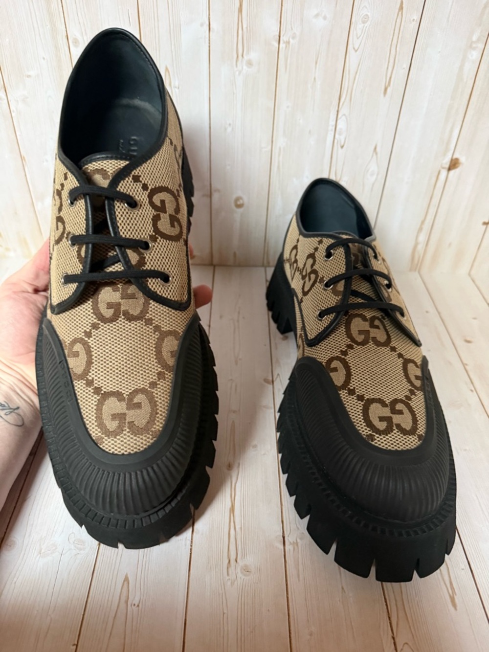 Gucci Monogram Jumbo Maxi GG Lace Up Derby Camel Ebony/Black Sz 13G / 13.5US - Picture 8 of 13
